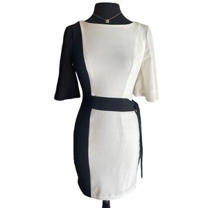 Black White Colorblock Sheath Tie Waist Dress